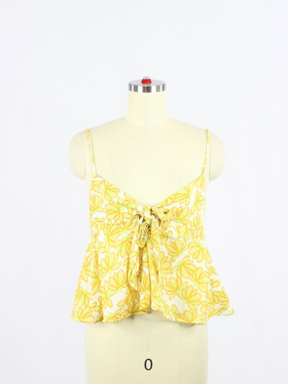 ZARA Yellow Floral 100% Cotton Voile Cropped Front Tie Flounce Tank Top, Size S